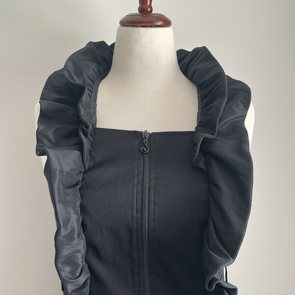 Samuel Dong Mini Dress Front Zipper Moldable Ruffled Belted Taffeta Black Size S - Picture 3 of 13